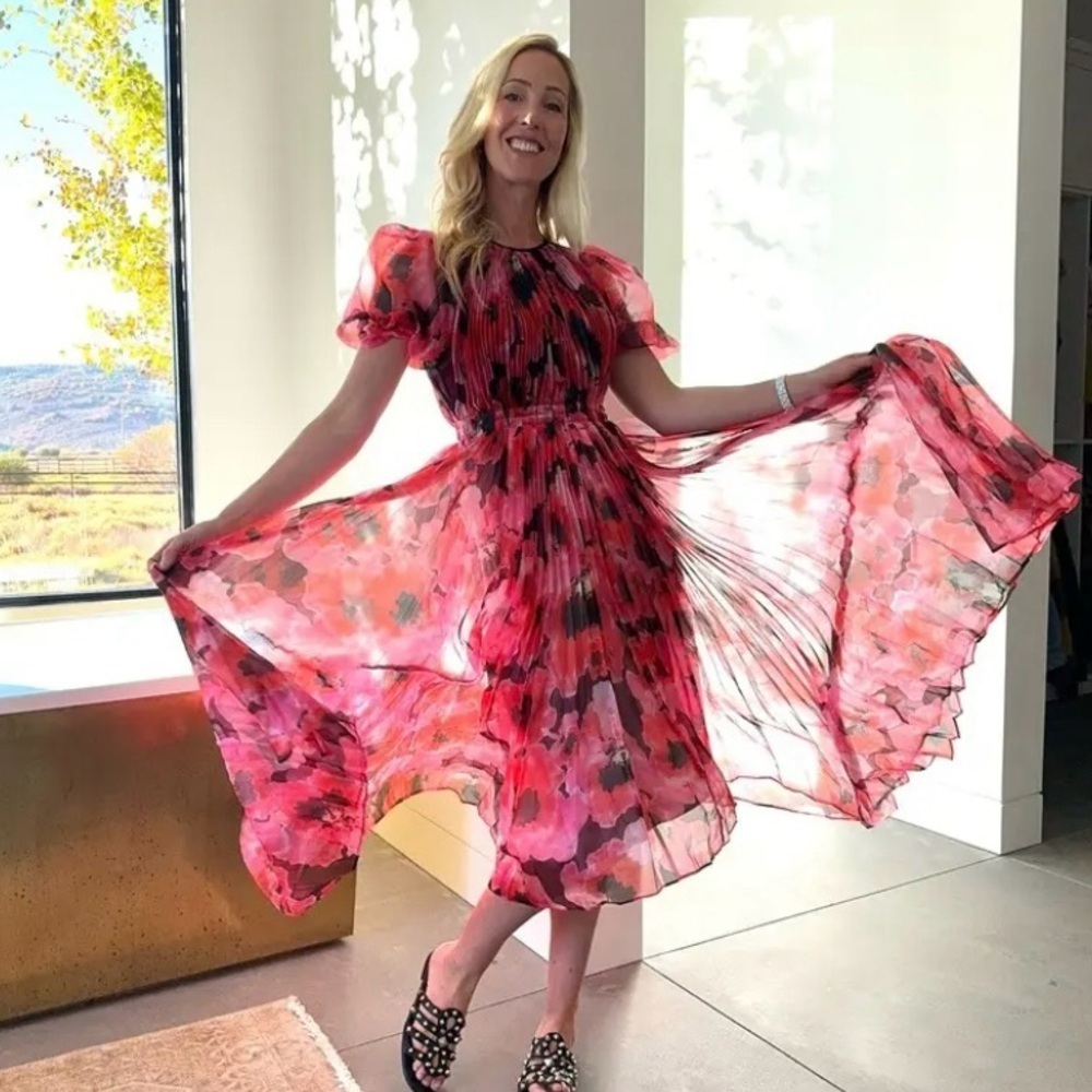 Floral Pink Pleated Midi Dress
